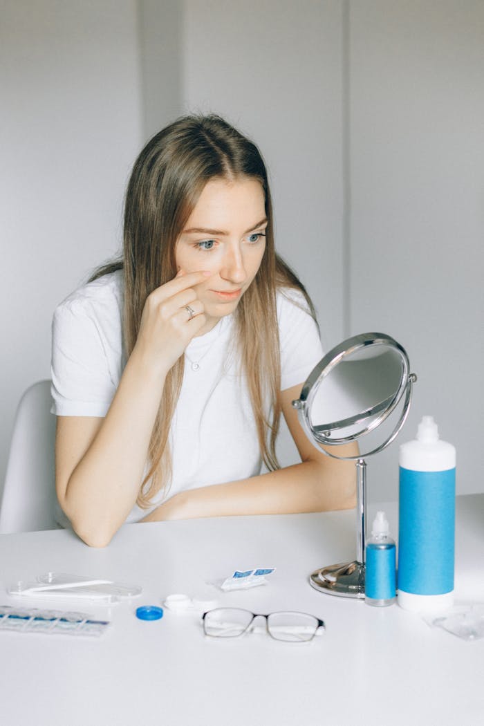 Young woman in white shirt applying contact lens with mirror on table.